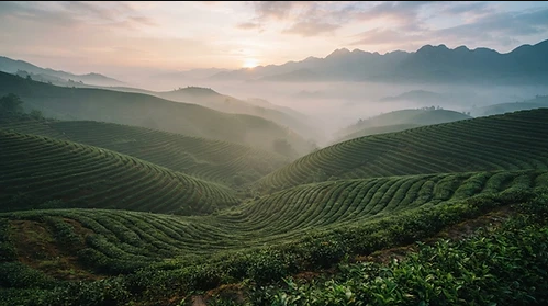Misty terraced tea hills of Phu Tho at dawn