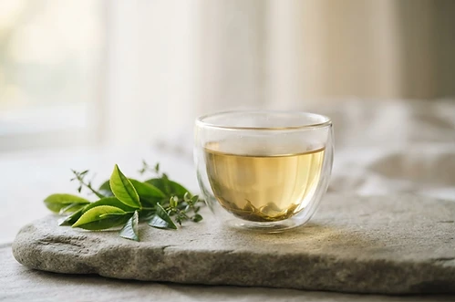 A glass of brewed green tea showing pale golden clarity